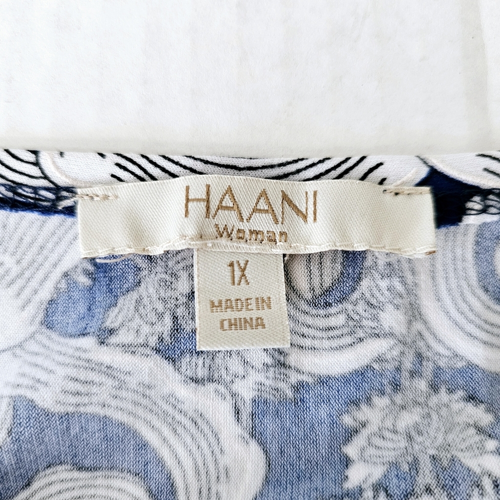 HAANI maxi dress size 1X blue white floral elastic waist short sleeve  V neck - Picture 7 of 8